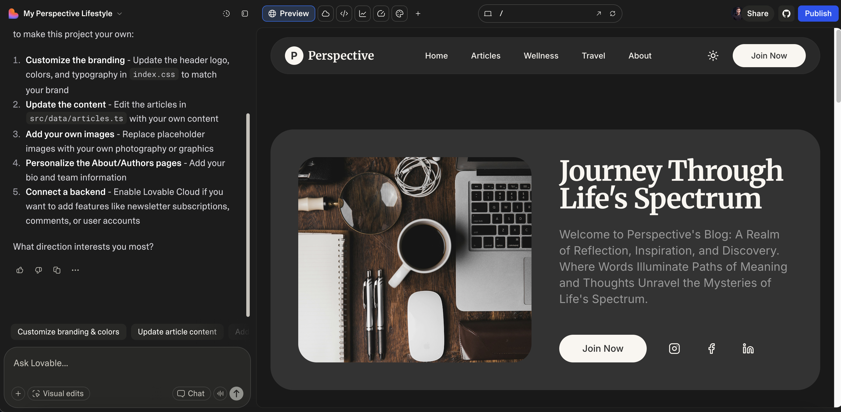 Lovable AI app builder interface: visual editor with customization options, article editing, and live preview of generated website