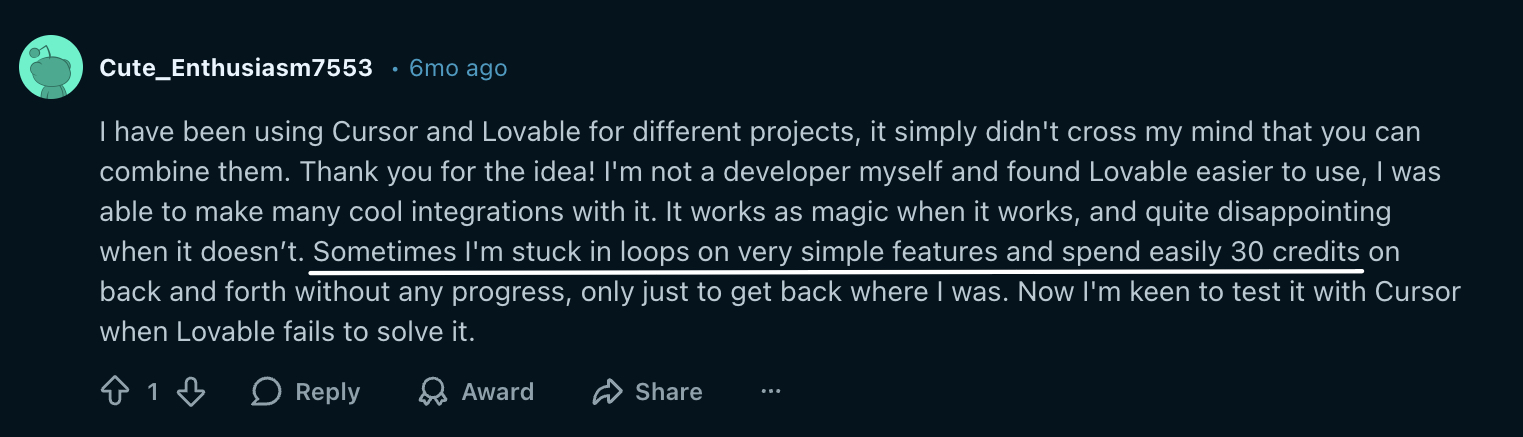 Reddit user experience: non-developer finds Lovable easy but sometimes spends 30 credits stuck in loops on simple features, plans to try Cursor as fallback
